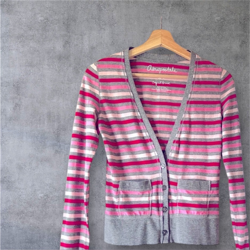 ↖️Aeropostale Striped V-Neck Cardigan Pink Gray Red SP